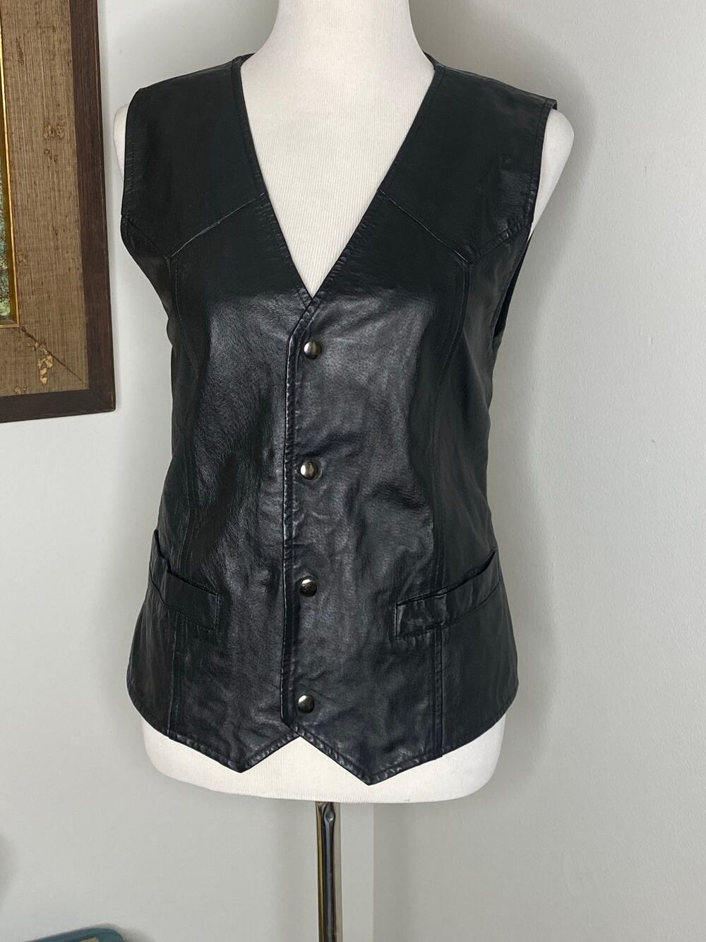 Guide Gear Genuine Leather Vest Medium Black Snap Front Western Biker Moto